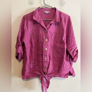 John Mark 100% Linen Pink Lagenlook Artsy Button Down Tie Waist Blouse Medium